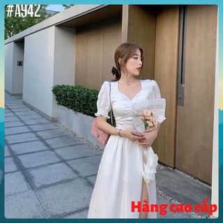 Đầm trắng phi xẻ tà thắt eo