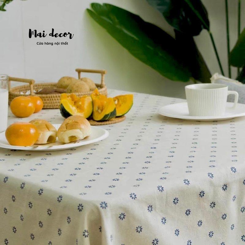 Khăn Trải Bàn Vải Lanh Cotton Hoạ Tiết Hoa Vintage Đủ Màu, Thảm Trải Picnic Có Viền Cạnh