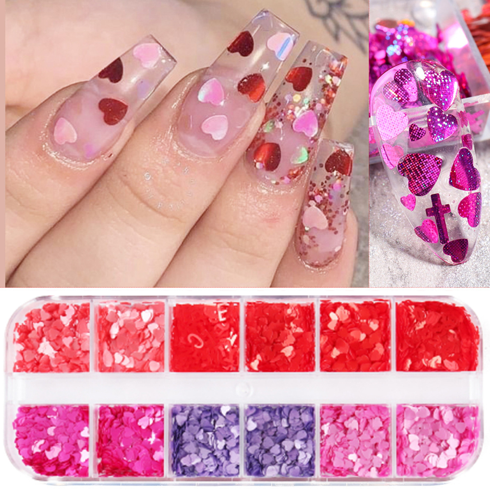 BACK2LIFE 3D Nail Sequins DIY Manicure Nail Art Decoration 12 Grids/box Love Heart Laser Sparkly Valentine's Day Holographic Nail Glitter Flakes