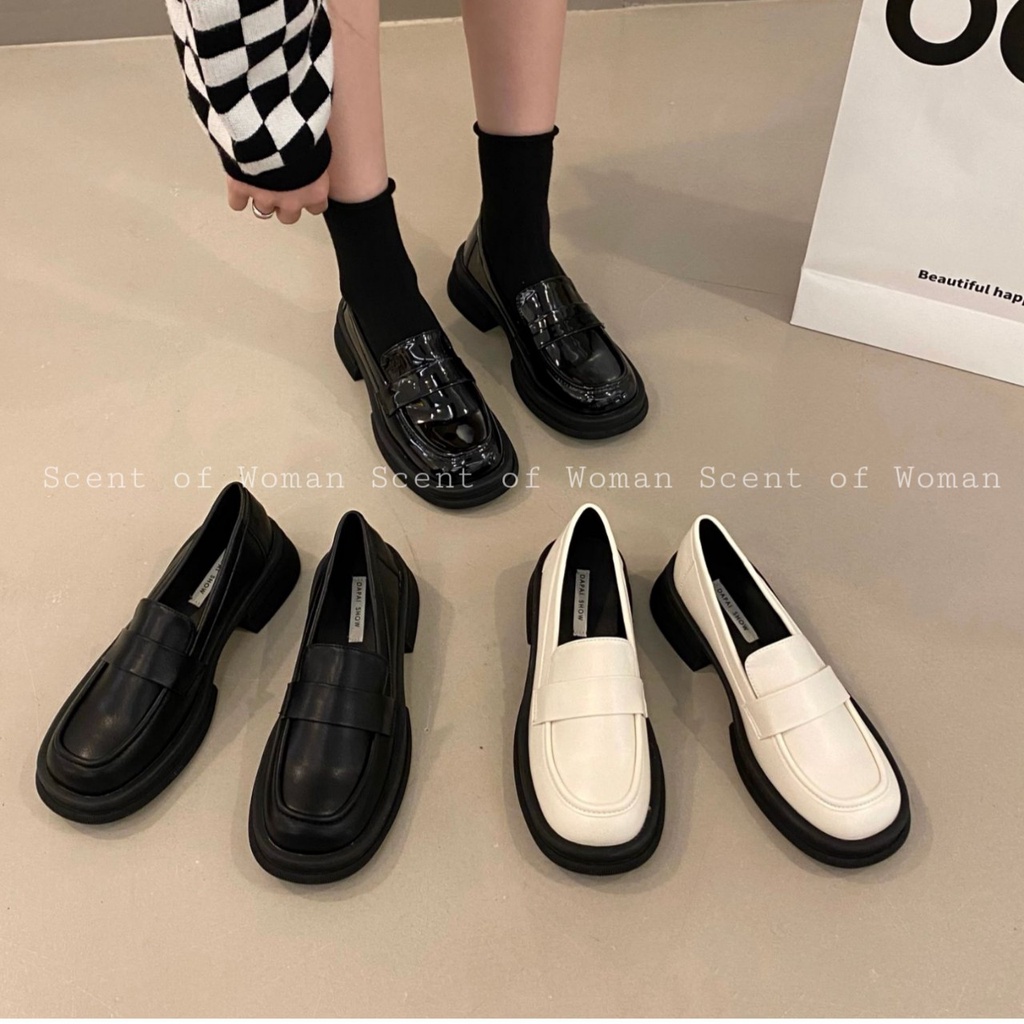 Giày lười nữ Loafer gắn khóa thời trang cao 4cm