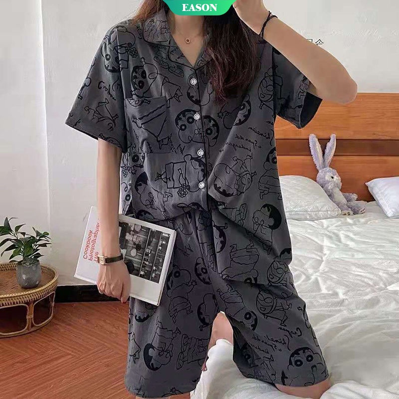 Bộ Đồ Ngủ Tay Ngắn In Hình Cậu Bé Bút Chì Shin-chan Phong Cách Hàn Quốc Dành Cho Nữ