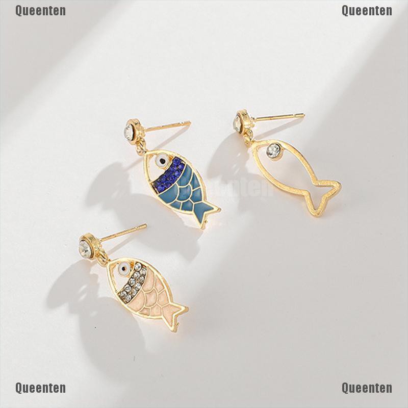 Set 3 bông tai hình con cá đính đá thủy tinh phong cách bohemian cho nữ