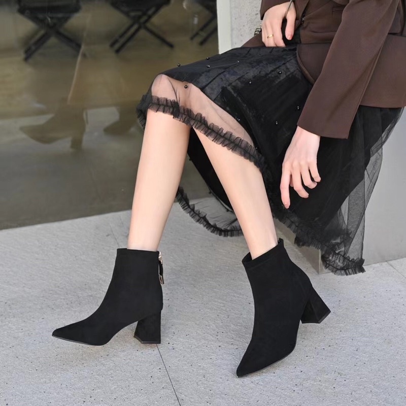 BEESHOES - BOOT DA MỀM MŨI VUÔNG - BOOT ĐẾ TRỤ CAO 5CM CÓ SẴN MÀU ĐEN  211224