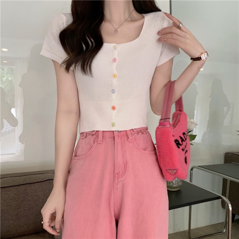 Áo Cardigan Dệt Kim Ngắn Tay Cổ Vuông Màu Sắc Ngọt Ngào Cho Nữ OOP13