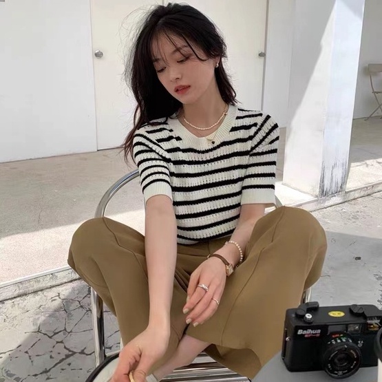 Áo thun ZHELIHANGFEI dệt kim tay ngắn cổ tròn họa tiết kẻ sọc trắng đen dễ thương cho nữ
