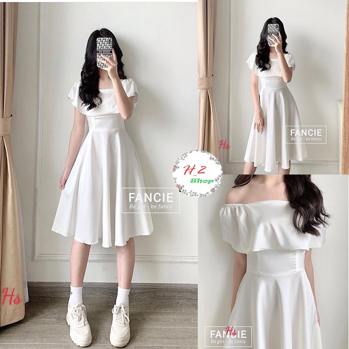 Váy Nữ  ❤️️𝐹𝑅𝐸𝐸 𝑆𝐻𝐼𝑃❤️️ Váy Trắng Ôm Eo Vai Bèo Cổ Vuông - Chất Lụa  Siêu Xinh | BigBuy360 - bigbuy360.vn