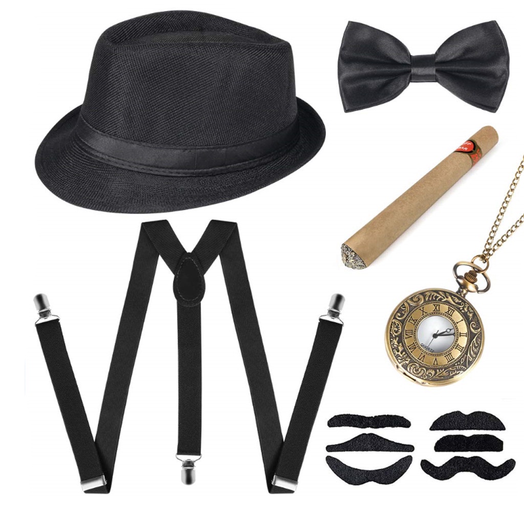 Gatsby Bộ Râu Giả Màu Đen Mũ Đội Có Dây Đeo Giả Xì Gà Retro