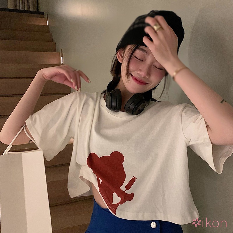 Áo Thun Ngắn Tay Dáng Rộng Lưng Cao In Họa Tiết Gấu Xinh Xắn Kiểu Hàn Quốc