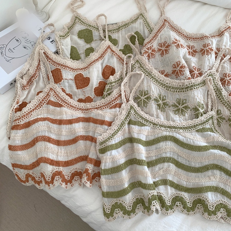 Áo Croptop Hai Dây Dệt Kim Vải Cotton Lanh Thêu Hình Trái Tim Kiểu Vintage Thời Trang Mùa Hè Cho Bạn Gái