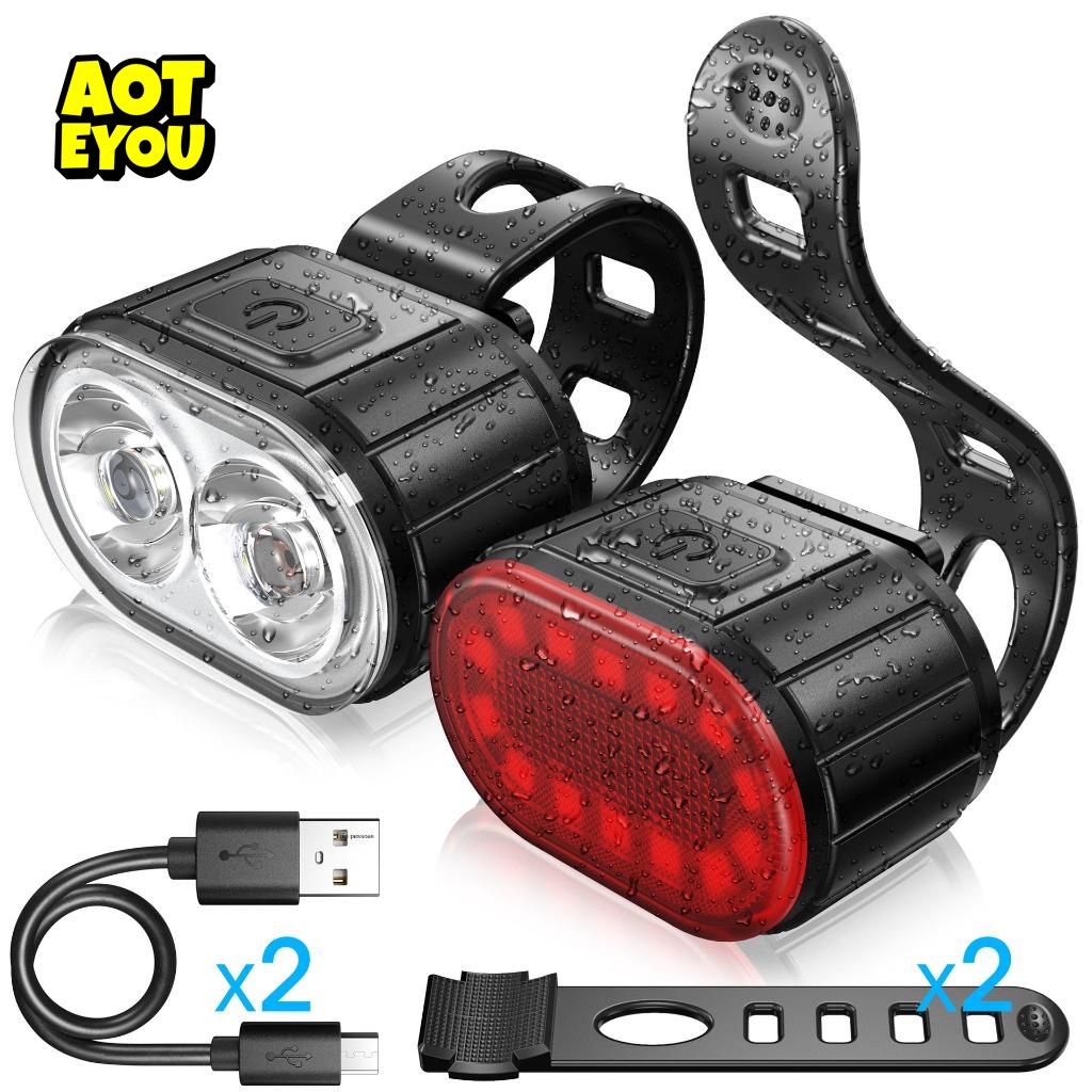 Bộ Đèn Pha Trước Và Sau Siêu Sáng Chống Thấm Nước 2 Pin Lâu Trôi Có Thể Sạc Lại Bằng Cổng USB Dành Cho Xe Đạp