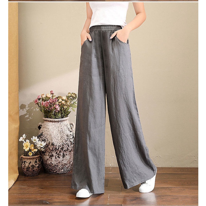 Quần Cotton Lanh Ống Rộng Lưng Thun Rút Dây Size Lớn Thời Trang Mùa Hè Cho Nữ