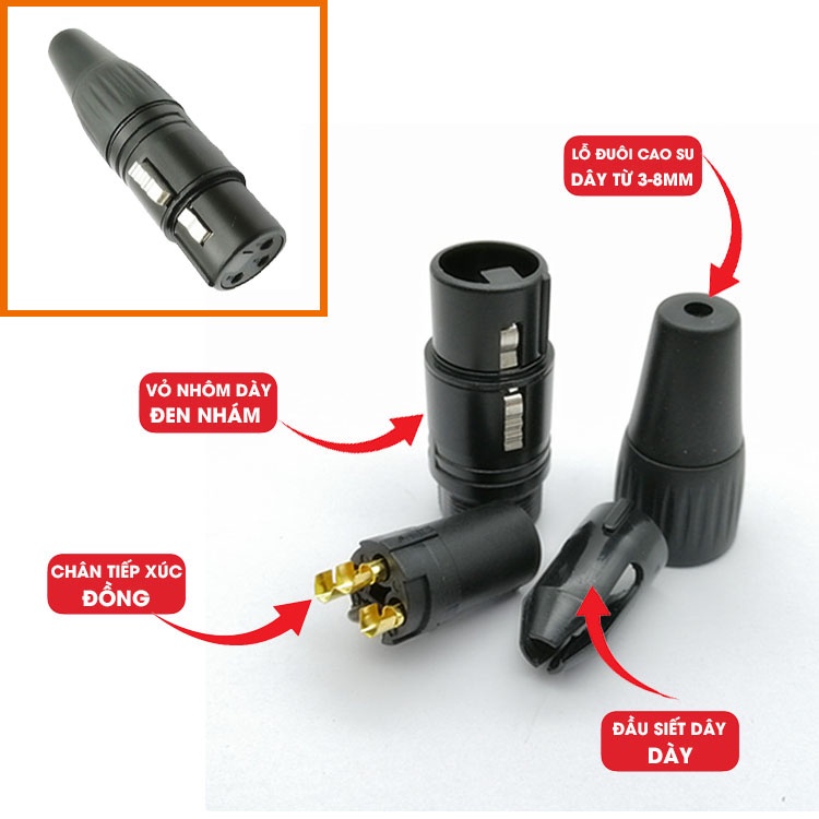 Jack XLR âm màu đen bóng lõi đồng, thân nhôm đúc