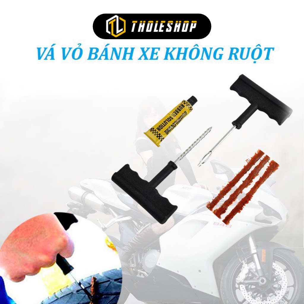 Bộ vá xe không ruột - Gồm 1 cây gắp đinh, 1 cây chịu lực để đưa cao su vào, 1 chai keo và 3 cây cao su 3085