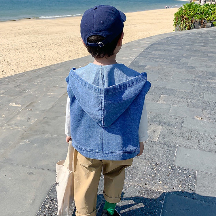 3-12 Tuổi Áo Khoác Denim Không Tay Có Mũ Trùm Kiểu Cao Bồi Hàn Quốc Thời Trang Xuân Thu Cho Bé Trai jacket