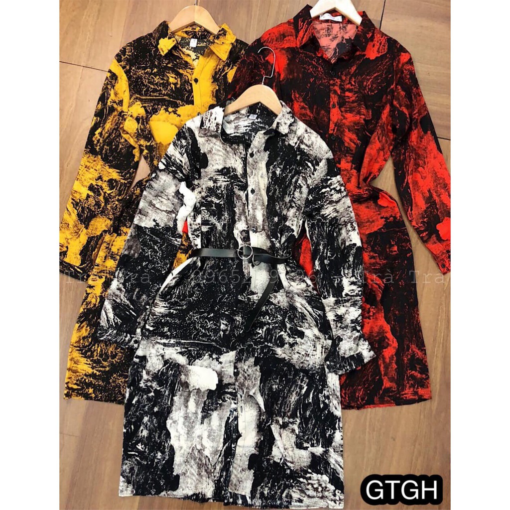 Váy Sơ Mi Dáng Dài Họa Tiết Lụa Loang Xinh Xắn