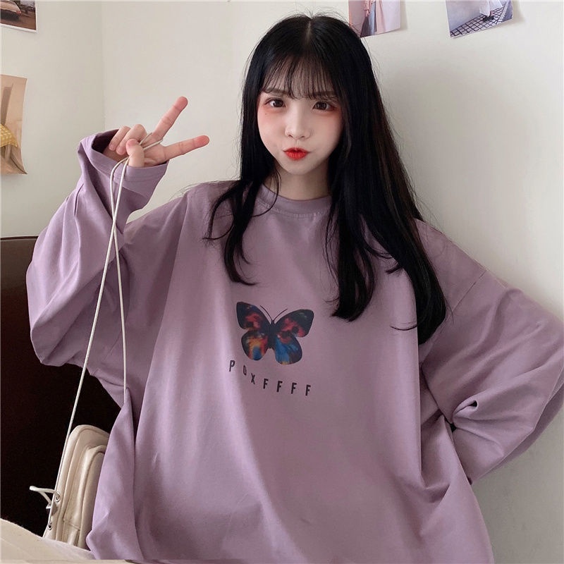 Áo Thun Tay Dài Dáng Rộng In Họa Tiết Bươm Bướm Phong Cách Nhật Hàn Thời Trang 2022 Cho Nữ