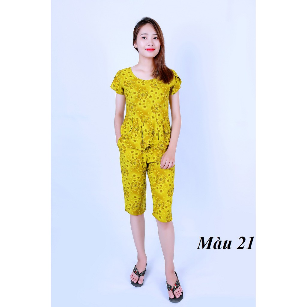 Bộ mặc nhà lanh, tole Vicci BN057, áo cộc tay dáng peplum phối quần ngố lưng thun phối họa tiết