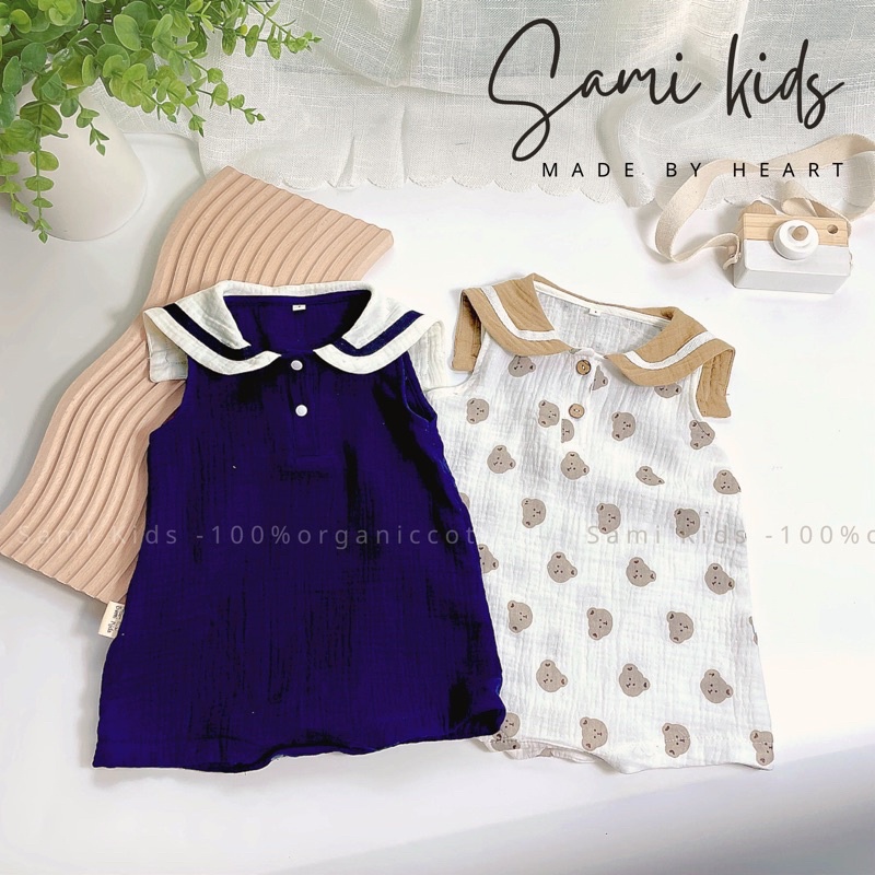 Bộ liền thân thuỷ thủ chất liệu xô Muslin unisex cho bé 5-16kg SAMIKIDS
