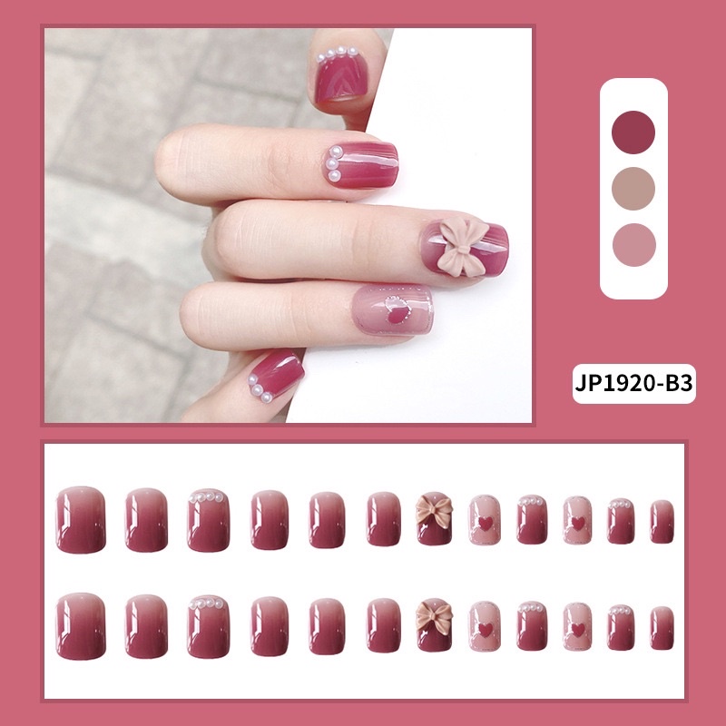 [Hàng mới về]Bộ 24 móng giả đính charm nơ form ngắn