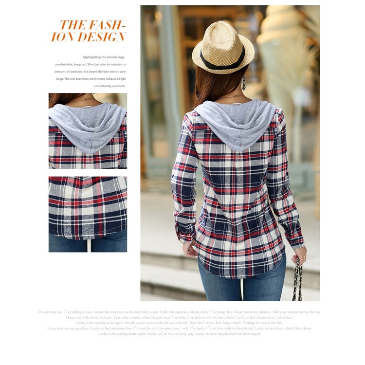 Áo sơ mi SixSisters phối mũ trùm đầu dài tay họa tiết caro thời trang dành cho nữ