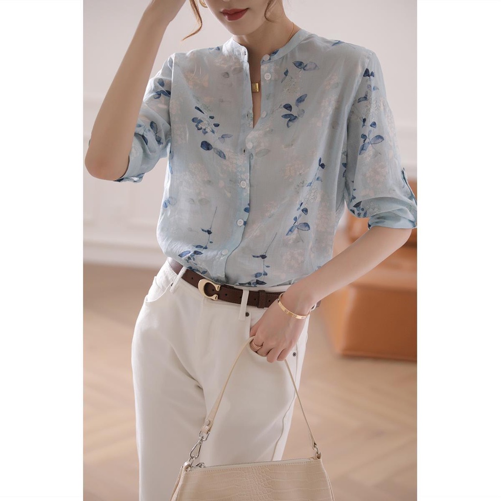 Áo Sơ Mi Tay Lửng Cổ Đứng Thời Trang Dành Cho Nữ