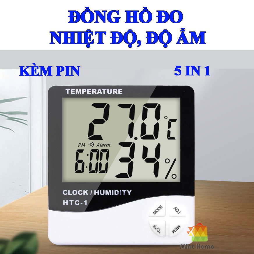 Máy đo nhiệt độ phòng, độ ẩm, nhiệt ẩm kế điện tử kiêm đồng hồ báo thức, lịch để bàn màn hình LCD HTC 1 CÓ KÈM PIN