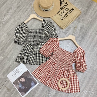 Áo kẻ caro trễ vai nữ cổ vuông - áo sơ mi nữ dáng babydoll siêu xinh sang chảnh timi shop A8502