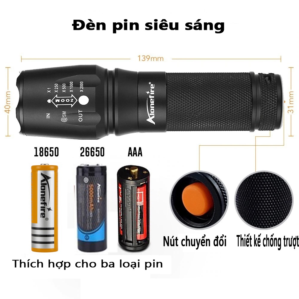 Đèn pin AloneFire X800 CREE XML T6 LED thiết kế đa năng dùng cắm trại