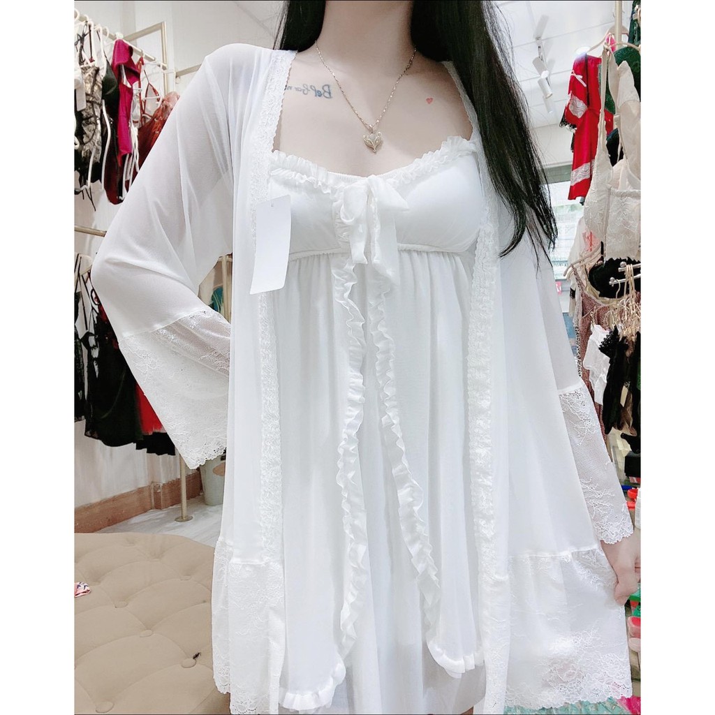(M.51) Set áo choàng và váy ngủ sexy có mút ngực cao cấp Đầm mặc nhà gợi cảm quyến rũ