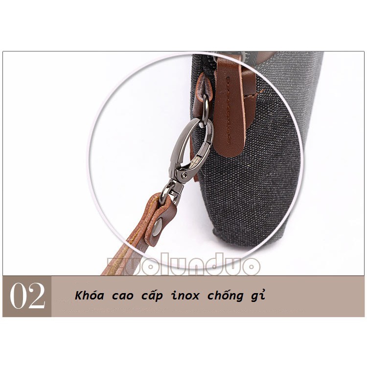⏩⏩Túi cầm tay nam làm từ vải bố kết hợp khóa inox và da bò thật cao cấp Mã 6115
