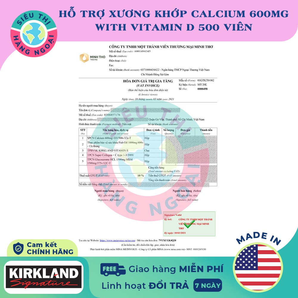 Viên uống bổ sung Canxi Kirkland Calcium 600mg+d3 500 Viên