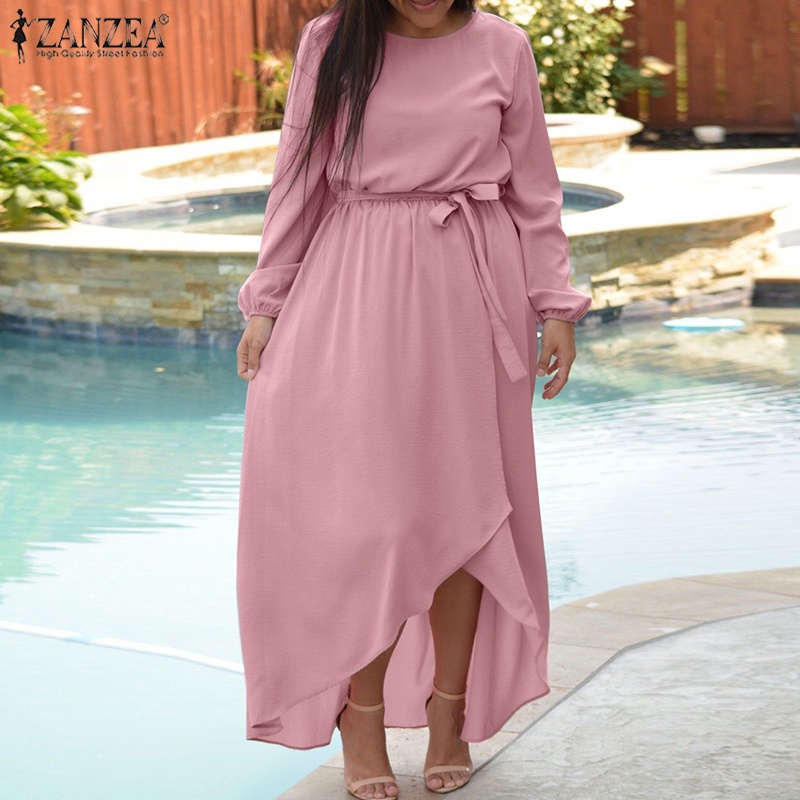 Đầm maxi ZANZEA tay dài cổ tròn thời trang thanh lịch cho nữ