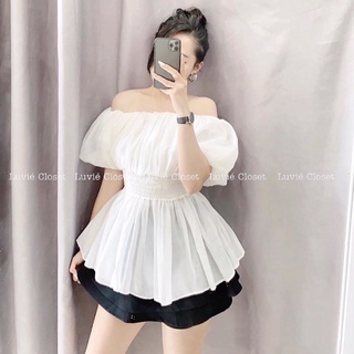 Áo trễ vai tay bồng nhún eo, Áo kiểu hở vai tay phồng bo eo tiểu thư dễ thương