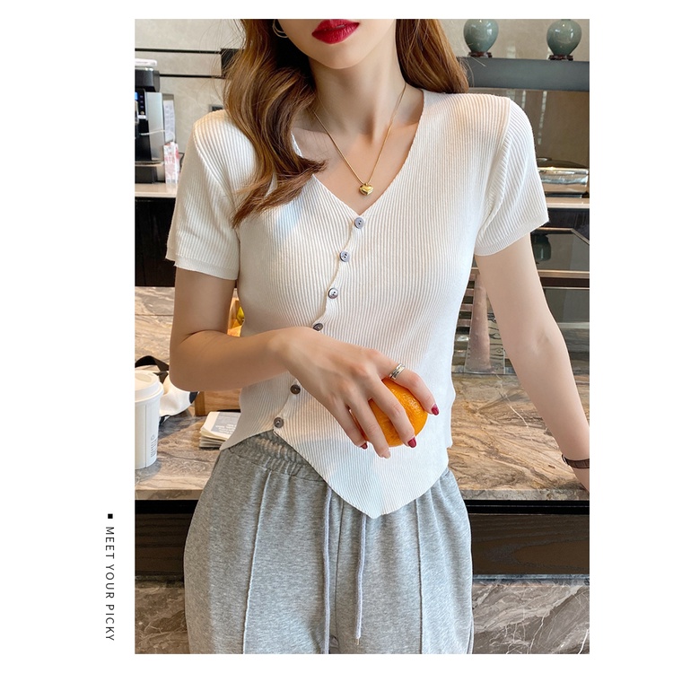 DUNEA Áo Thun Tay Ngắn Cổ Chữ V Thiết Kế Không Đồng Đều Quyến Rũ Thời Trang Cho Nữ