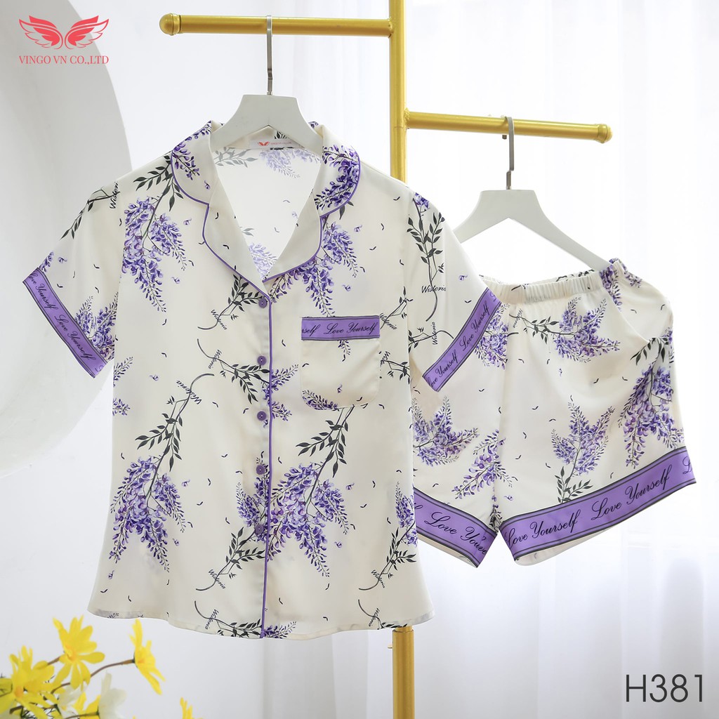 VINGO Bộ Đồ Mặc Nhà Pijama Nữ Lụa Pháp Tay Cộc Quần Cộc Họa Tiết Hoa Lavender Tinh Tế Tím Nền Trắng Ngà H381 VNGO - TCQC