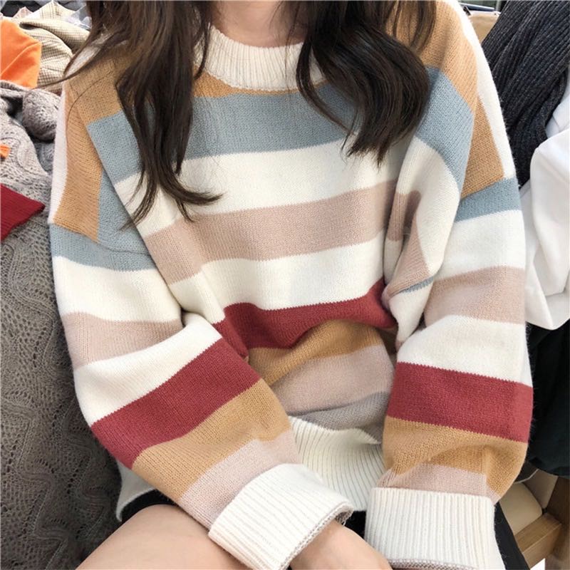 Áo sweater nữ tay dài dáng rộng kẻ sọc ngang thời trang