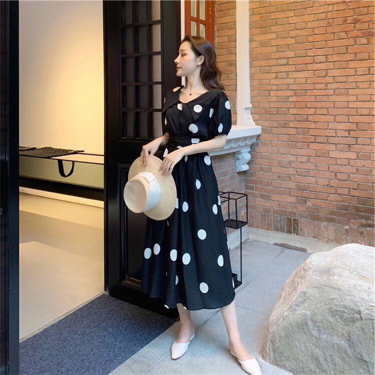 Váy Tiểu Thư Chấm Bi Dáng Dài Nơ Buộc Eo Xinh Xắn | BigBuy360 - bigbuy360.vn