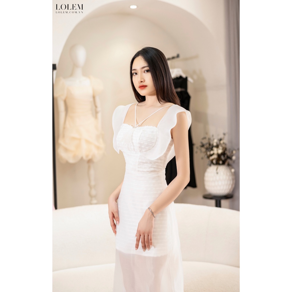 Đầm cổ vuông LOLEM DX343 form chữ A vải voan phối tơ organza mịn màng