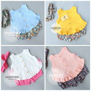 Bộ sát nách áo đũi + quần hoa thô kèm nơ