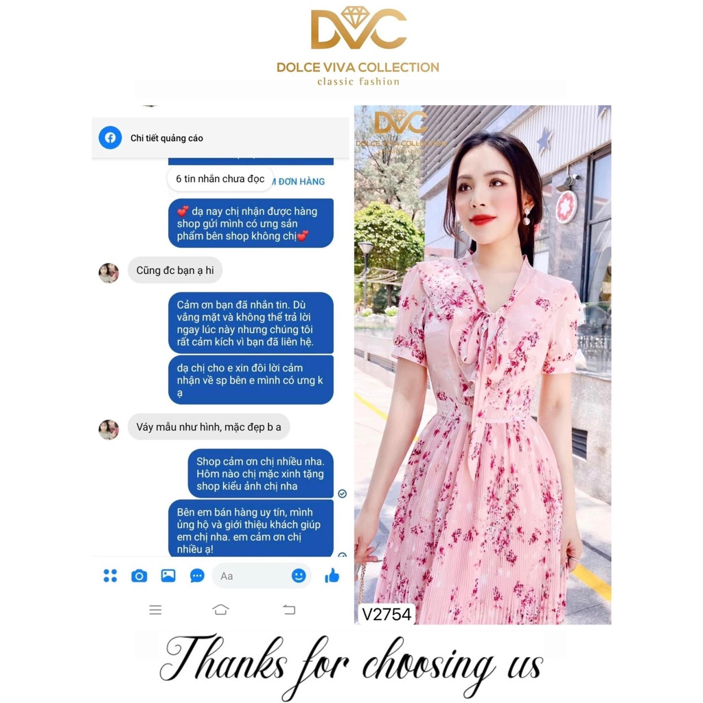 V2754 Váy voan hồng hoa nhí cổ nơ dáng dài dập ly công sở -  Dolce viva colection