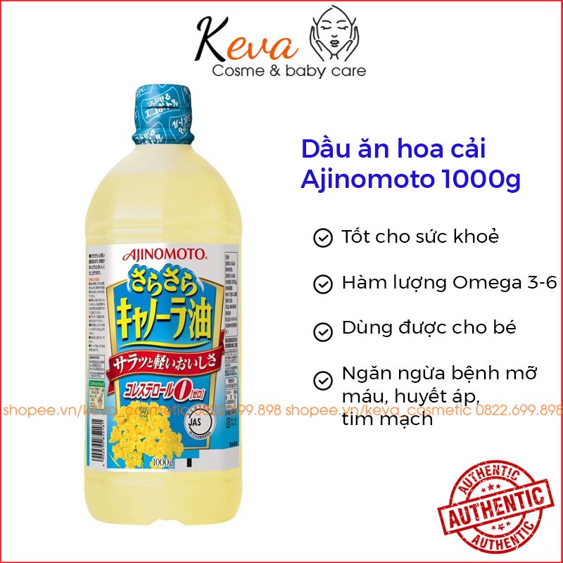 Dầu ăn hoa cải Ajinomoto 1000ml hàng Nhật nội địa chiết xuất hoa cải Nhật - Keva