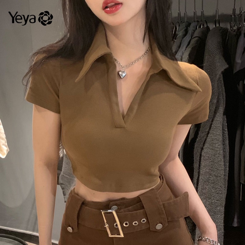 Áo thun YEYA dáng ôm lưng cao phong cách thời trang retro Mỹ dành cho nữ