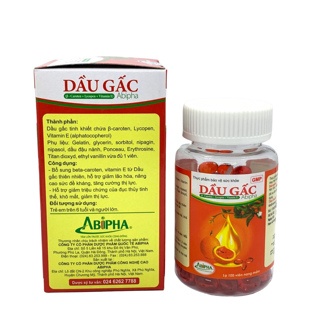 Dầu Gấc Abipha lọ 100 viên - bổ sung Vitamin A - sáng mắt đẹp da từ tinh dầu gấc nếp, ngăn ngừa lão hóa