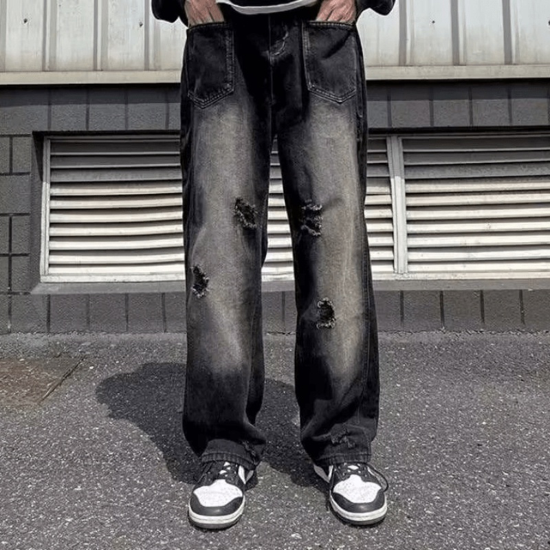 Quần Jean Rách Dáng Rộng Thời Trang Phong Cách Nhật Bản Dành Cho Nam Size S-3XL