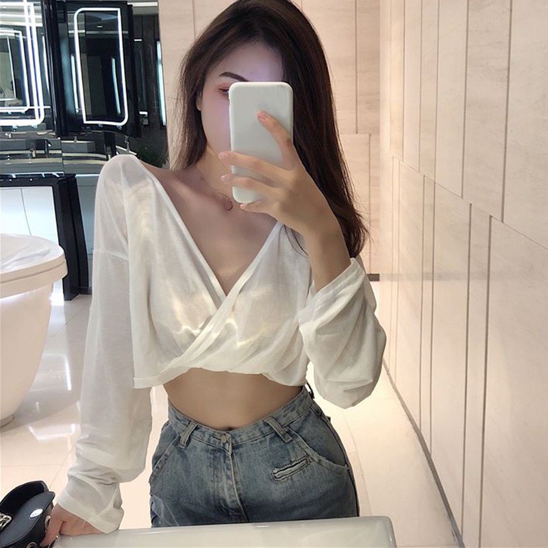 Áo lửng tay dài cổ chữ V phong cách Hàn Quốc quyến rũ cho nữ