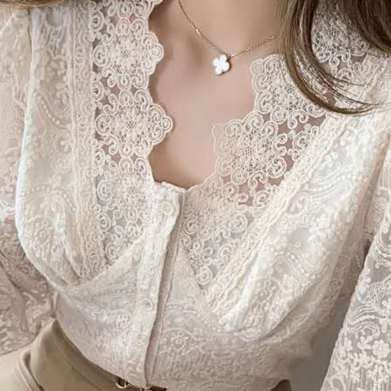 Áo Sơ Mi Dài Tay Phối Ren Phong Cách Thanh Lịch Dành Cho Nữ