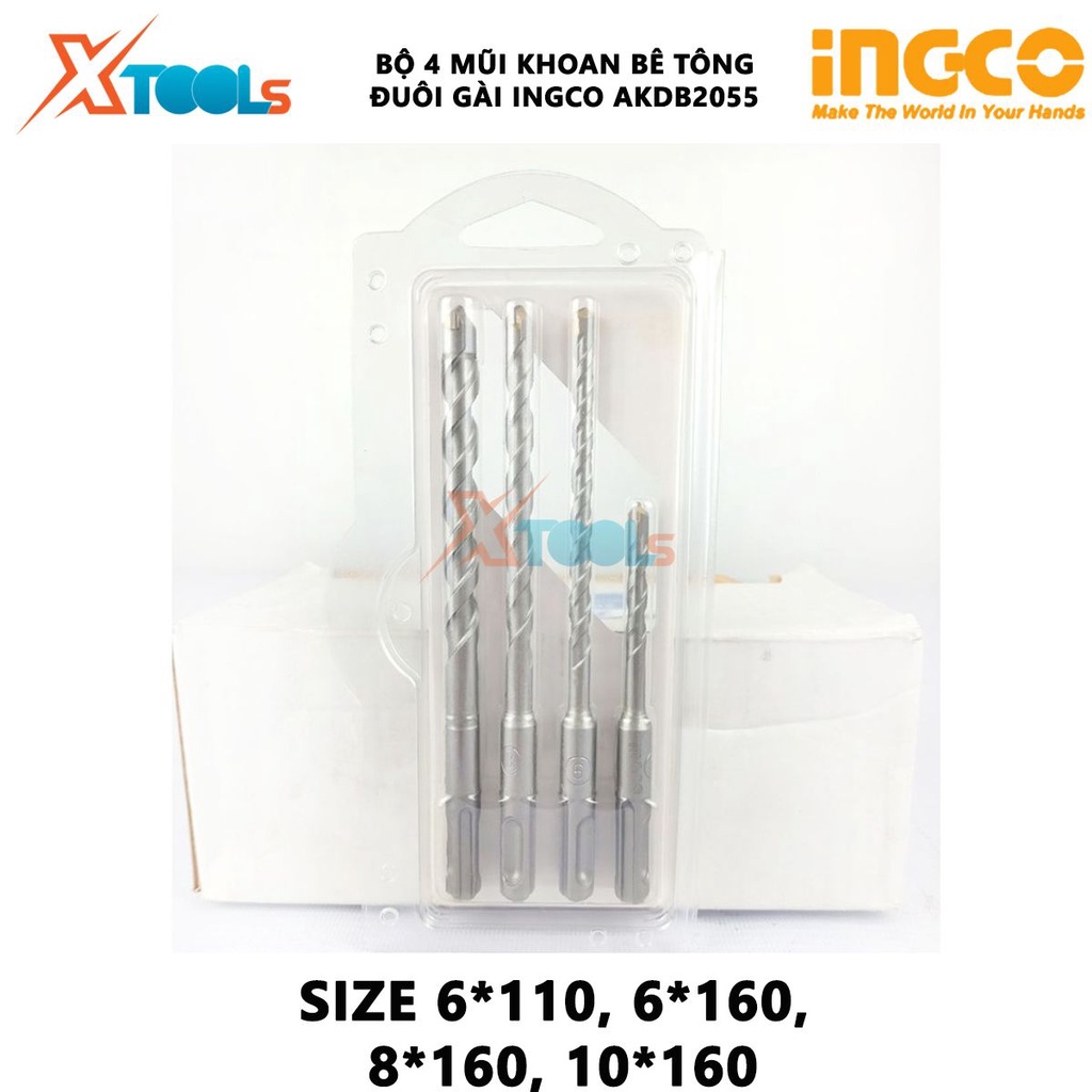 Bộ 4 mũi khoan bê tông đuôi gài INGCO AKDB2055 Bộ mũi khoan bê tông đuôi gài 4 chi tiết Kích thước: 6 * 110, 6 * 160, 8