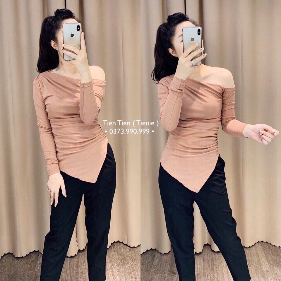 Áo thun lệch vai zúm eo vạt nhọn, Áo kiểu vạt nhọn dài tay vải conton co giãn  AT1522 - NhiNhi Shop