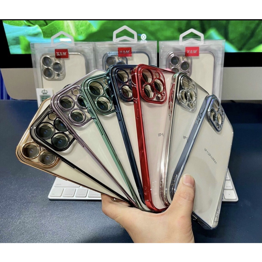 Ốp lưng trong kính X&amp;M viền màu cho iPhone 13, 13 Pro, 13 Pro Max bảo vệ camera siêu đẹp