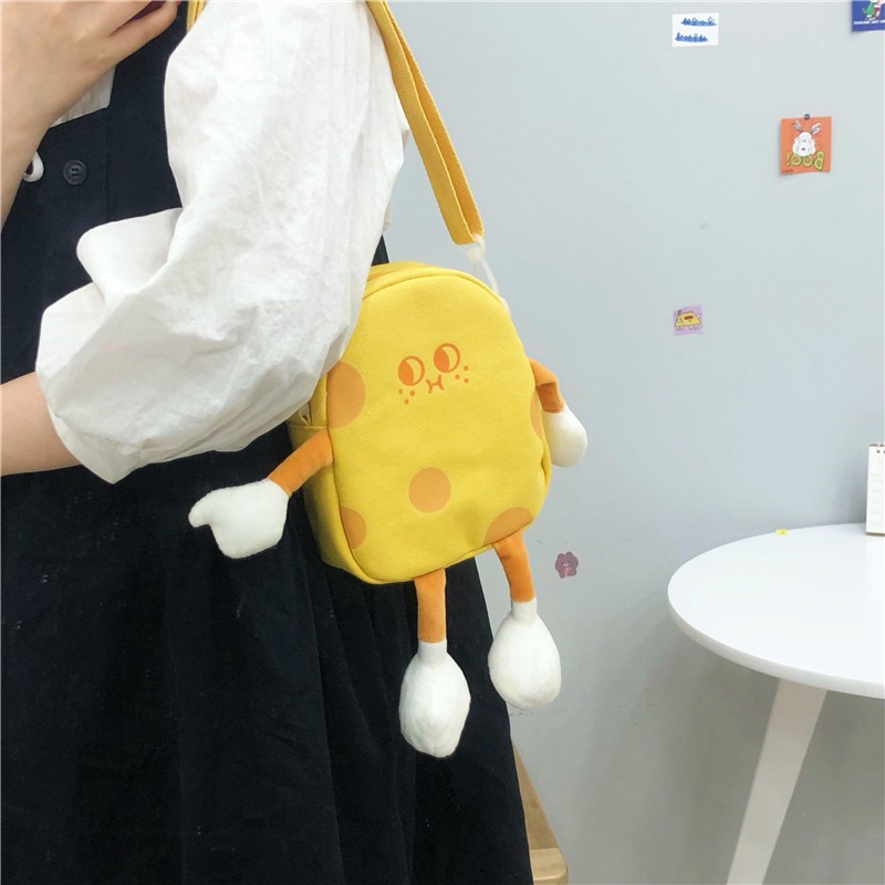 Túi Đeo Chéo Vải canvas Cỡ Lớn Họa Tiết Phô Mai Dễ Thương Phong Cách Nhật Bản